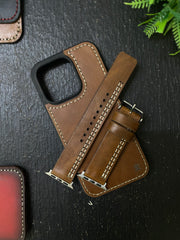 Tan Leather Parallel Stitch Style Straps for Apple Watch + Same Color Full Stitch Style Leather Case for Iphone All Models | ZINOSKINS