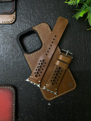 Tan Leather N Band Style Straps for Apple Watch + Same Color Full Stitch Style Leather Case for Iphone All Models | ZINOSKINS