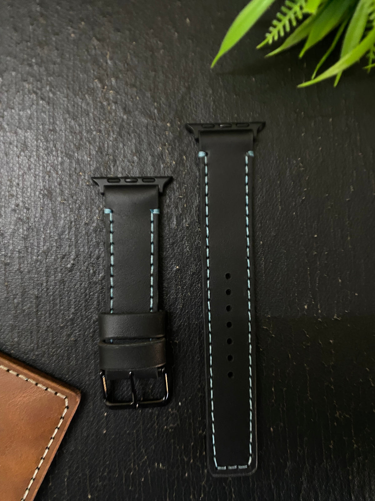 Black Leather Straps with Blue Thread Full Stitch Style for Apple Watch | ZINOSKINS