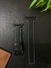 Black Leather Straps with Blue Thread Full Stitch Style for Apple Watch | ZINOSKINS