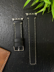 Black Leather with White Stitch Full Stitch Style Straps for Apple Watch + Same Color Full Stitch Style Leather Case for Iphone All Models | ZINOSKINS