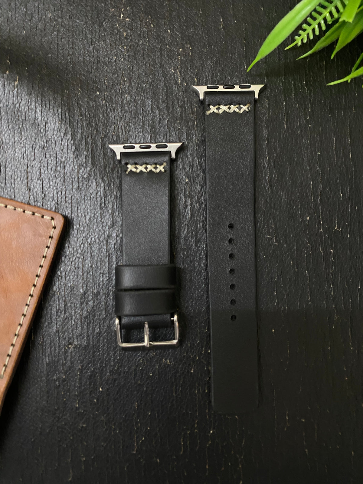 Black Leather Strap Cross Stitch Style Band for Apple Watch | ZINOSKINS