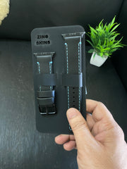 Black Leather Straps with Blue Thread Full Stitch Style for Apple Watch | ZINOSKINS
