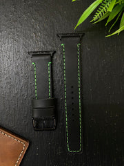 Black Leather Straps with Green Thread Full Stitch Style for Apple Watch | ZINOSKINS