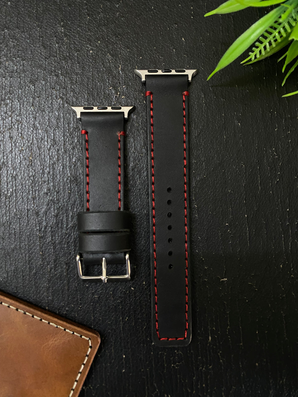 Black Leather Straps with Red Thread Full Stitch Style for Apple Watch | ZINOSKINS