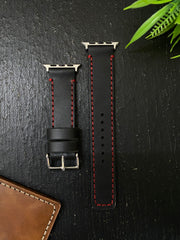 Black Leather with Red Stitch Full Stitch Style Straps for Apple Watch + Same Color Full Stitch Style Leather Case for Iphone All Models | ZINOSKINS