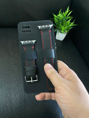 Black Leather Straps with Red Thread Full Stitch Style for Apple Watch | ZINOSKINS