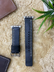 Black Leather Strap Parallel Stitch Style Band for Apple Watch | ZINOSKINS