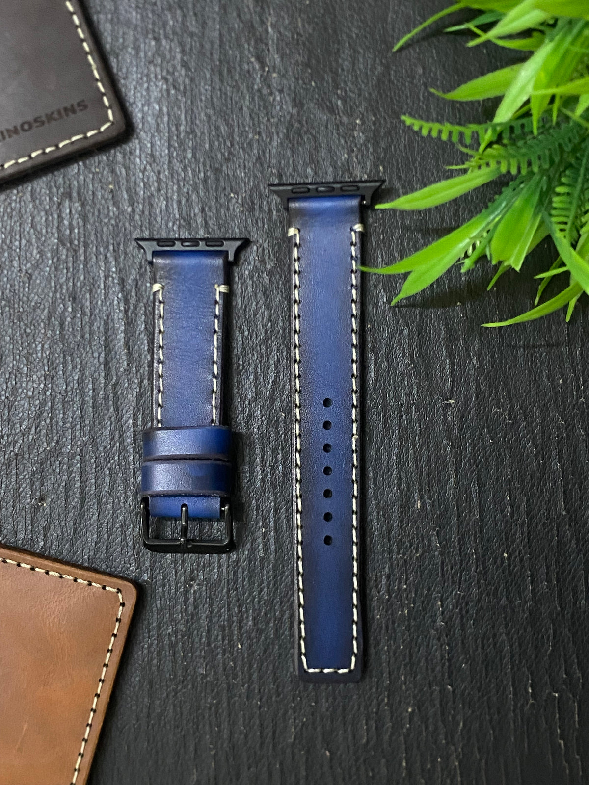 Blue Edge Tone Leather With Ivory Thread Full Stitch Style Straps for Apple Watch | ZINOSKINS