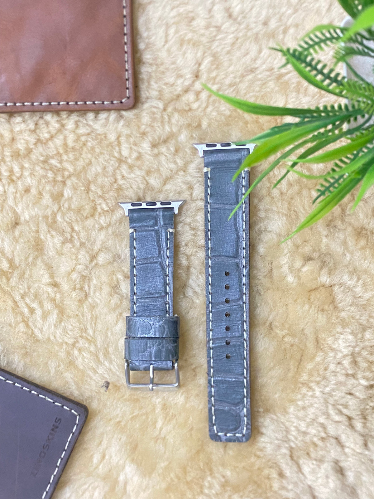 Grey Crocodile Print Leather Full Stitch Style Straps for Apple Watch | ZINOSKINS