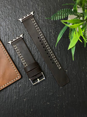 Dark Brown Leather Parallel Stitch Style Straps for Apple Watch + Same Color Hustle Mode Style Art Leather Case for Iphone All Models | ZINOSKINS