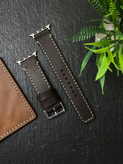 Dark Brown Leather Full Stitch Style Straps for Apple Watch + Same Color Hustle Mode On Style Art Leather Case for Iphone All Models | ZINOSKINS