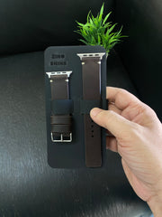 Dark Brown Leather Simple Style Straps for Apple Watch + Same Color Hustle Mode Style Art Leather Case for Iphone All Models | ZINOSKINS