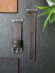 Dark Brown Leather Full Stitch Style Straps for Apple Watch + Same Color Hustle Mode On Style Art Leather Case for Iphone All Models | ZINOSKINS