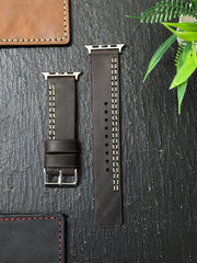 Dark Brown Leather Parallel Stitch Style Straps for Apple Watch + Same Color Hustle Mode Style Art Leather Case for Iphone All Models | ZINOSKINS