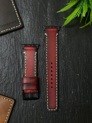 Red Edge Tone Leather With Ivory Thread Full Stitch Style Straps for Apple Watch | ZINOSKINS