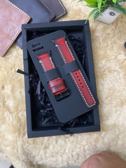 Red Edge Tone Leather With Ivory Thread Full Stitch Style Straps for Apple Watch | ZINOSKINS