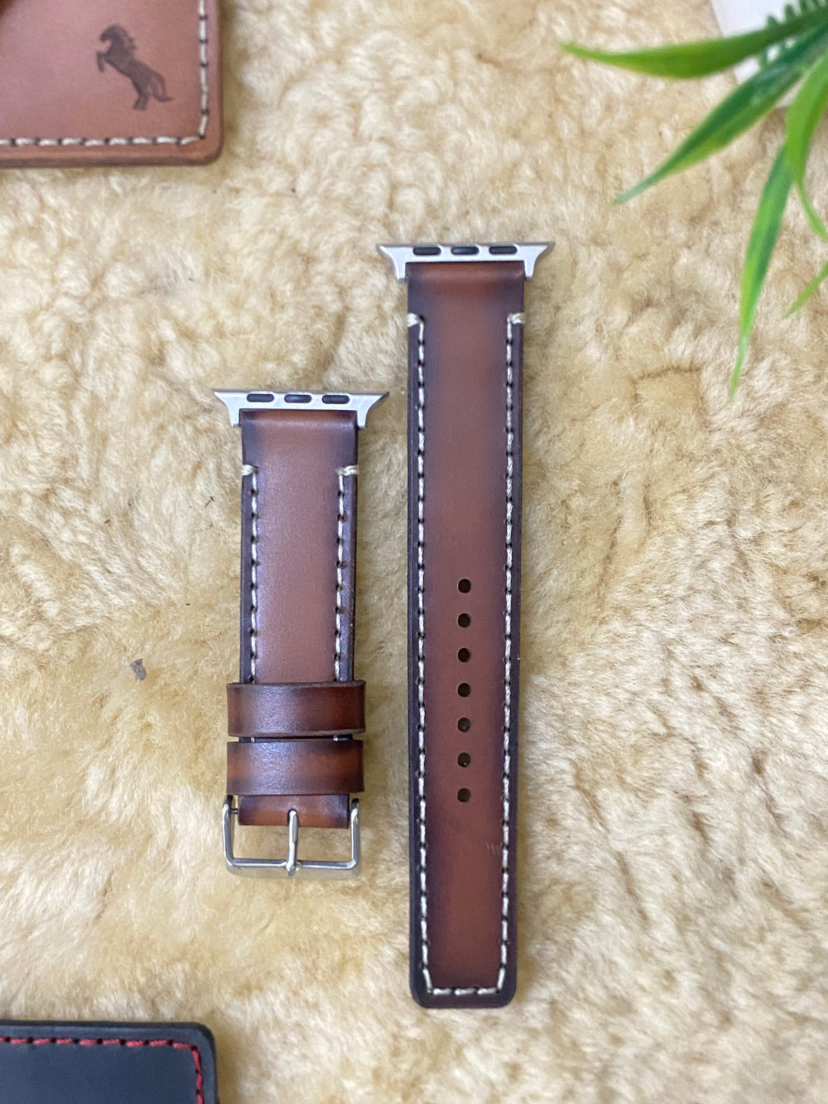 Tan Edge Tone Leather Full Stitch Style Straps for Apple Watch | ZINOSKINS