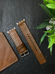 Tan Leather Parallel Stitch Style Straps for Apple Watch + Same Color Compass Style Art Leather Case for Iphone All Models | ZINOSKINS