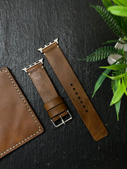Tan Leather Simple Style Straps for Apple Watch + Same Color Compass Style Art Leather Case for Iphone All Models | ZINOSKINS