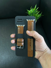 Tan Leather Parallel Stitch Style Straps for Apple Watch + Same Color Compass Style Art Leather Case for Iphone All Models | ZINOSKINS