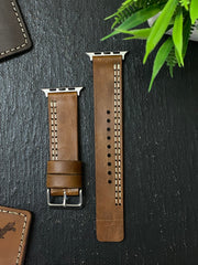 Tan Leather Parallel Stitch Style Straps for Apple Watch + Same Color Compass Style Art Leather Case for Iphone All Models | ZINOSKINS