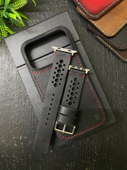 Black Leather with Red Stitch N Band Style Straps for Apple Watch + Same Color Full Stitch Style Leather Case for Iphone All Models | ZINOSKINS