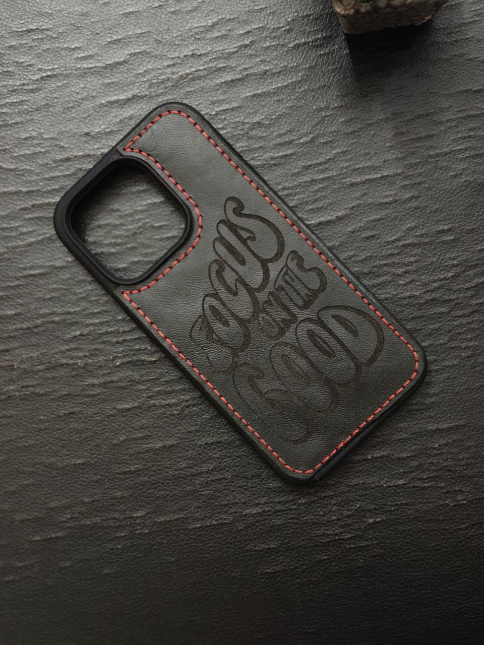 Premium Leather Case for iPhone 16 Pro Max Back Cover With Motivational Quote Focus on Good Engraved by Zinoskins