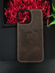 Premium Leather Case for iPhone 15 Plus Back Cover Dark Brown Color With Motivational Quote Never Give Up Engraved by Zinoskins