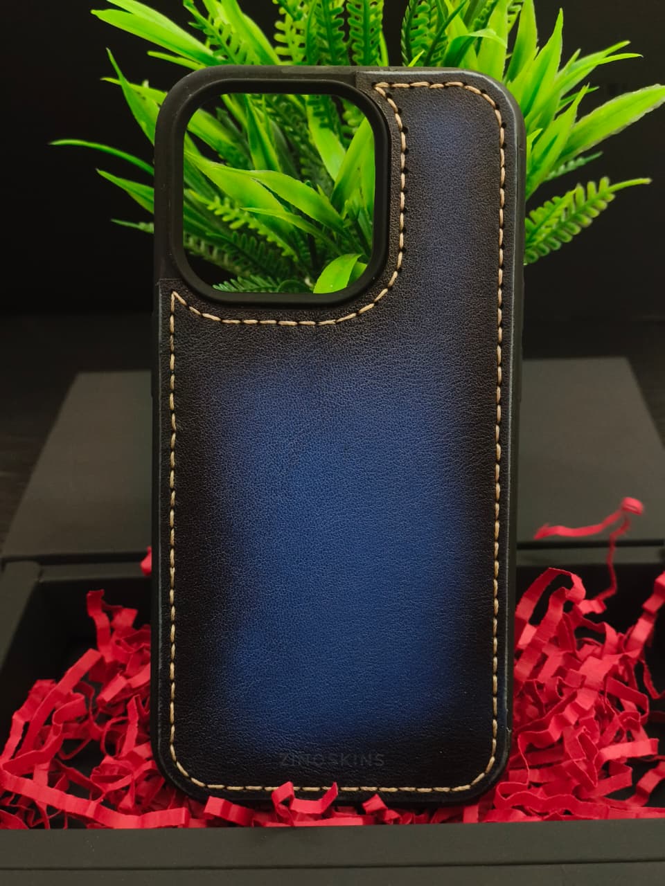 Premium Leather Case for iPhone 15 Pro Max Back Cover Blue Edge Tone Leather With Ivory Thread by Zinoskins