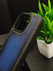 Premium Leather Case for iPhone 16 Pro Back Cover Blue Edge Tone Leather With Ivory Thread by Zinoskins
