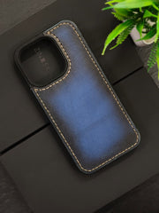 Premium Leather Case for iPhone 15 Back Cover Blue Edge Tone Leather With Ivory Thread by Zinoskins