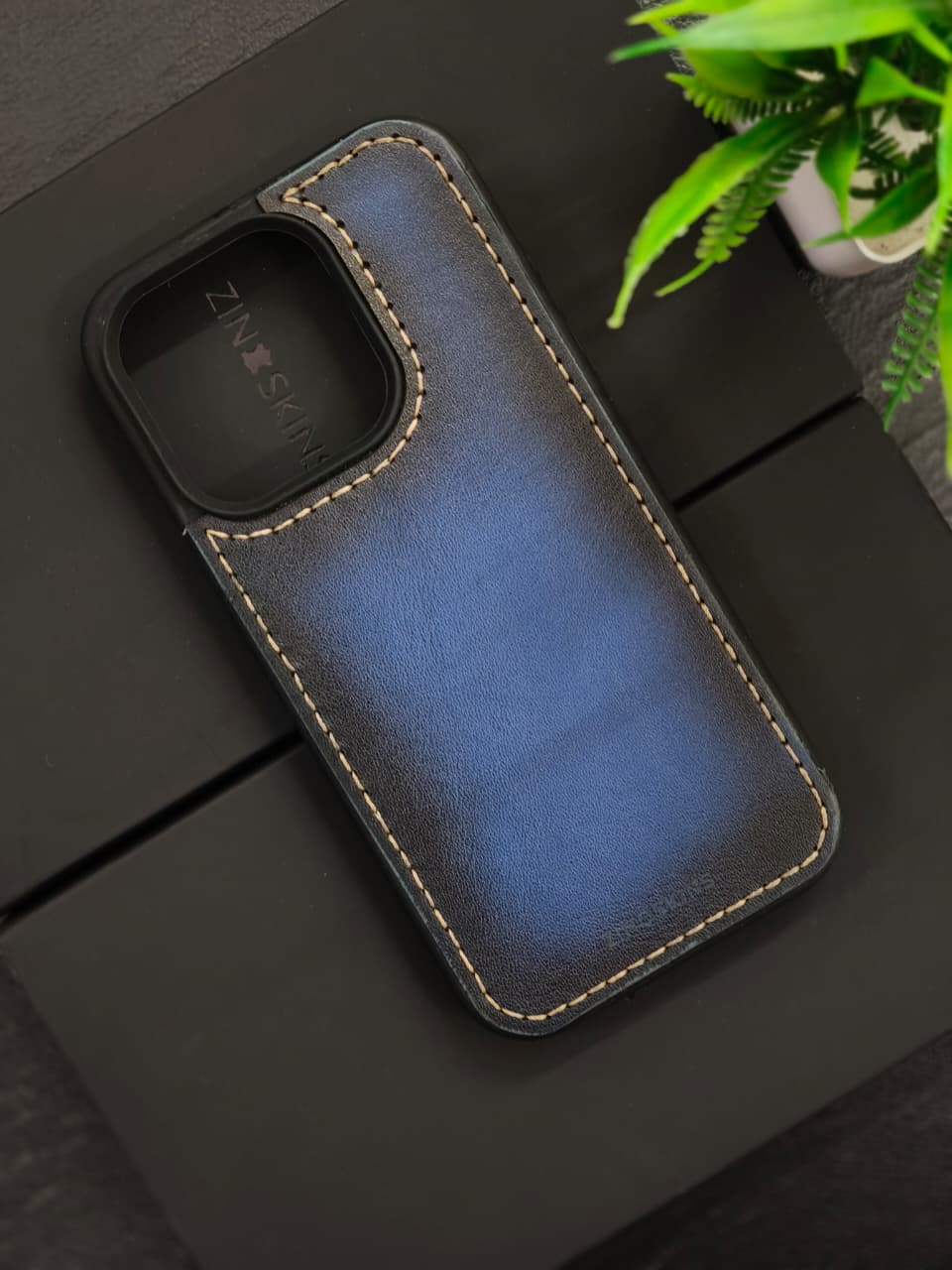 Premium Leather Case for iPhone 11 Pro Back Cover Blue Edge Tone Leather With Ivory Thread by Zinoskins