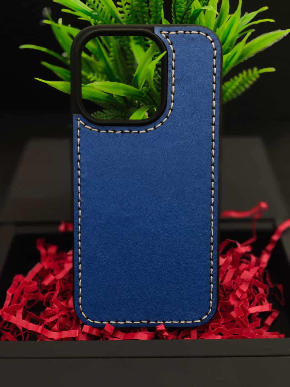 Premium Leather Case for iPhone 15 Pro Max Back Cover Blue Leather With Ivory Thread by Zinoskins