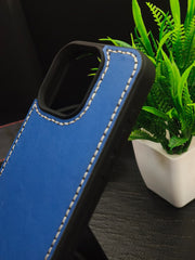Premium Leather Case for iPhone 16 Back Cover Blue Leather With Ivory Thread by Zinoskins