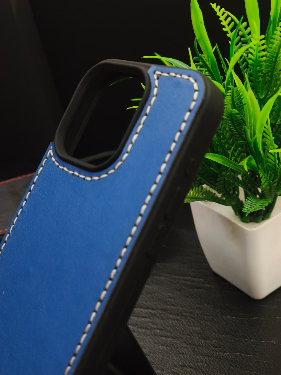 Premium Leather Case for iPhone 11 Back Cover Blue Leather With Ivory Thread by Zinoskins