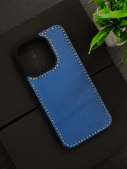 Premium Leather Case for iPhone 16 Pro Back Cover Blue Leather With Ivory Thread by Zinoskins