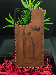 Premium Leather Case for iPhone 15 Pro Back Cover With Burj Al Arab Dubai Engraved by Zinoskins