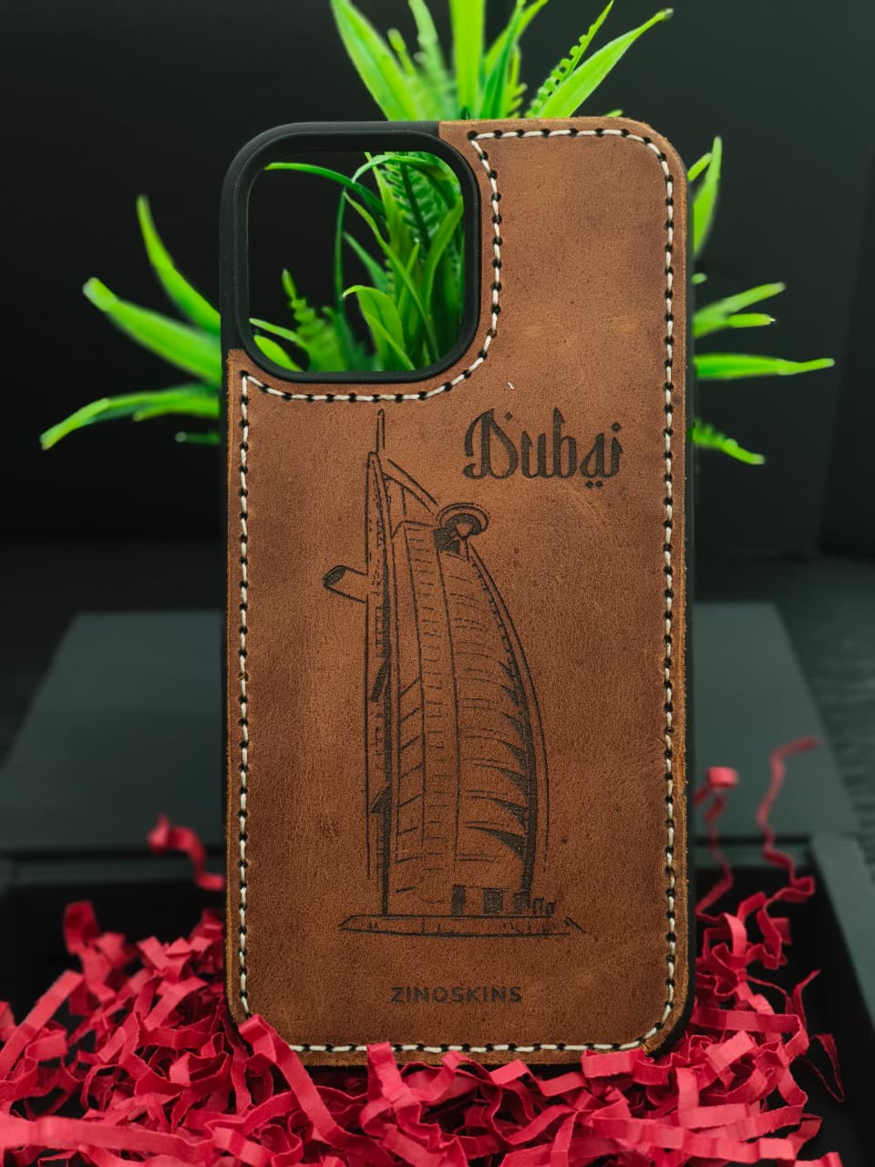Premium Leather Case for iPhone 16 Pro Max Back Cover With Burj Al Arab Dubai Engraved by Zinoskins