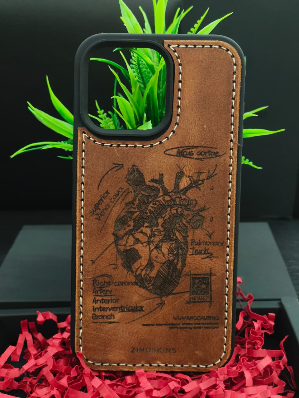 Premium Leather Case for iPhone 16 Back Cover With Heart Engraving by Zinoskins