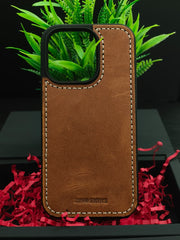 Premium Leather Case for iPhone 15 Pro Max Back Cover Brown Leather With Ivory Thread by Zinoskins