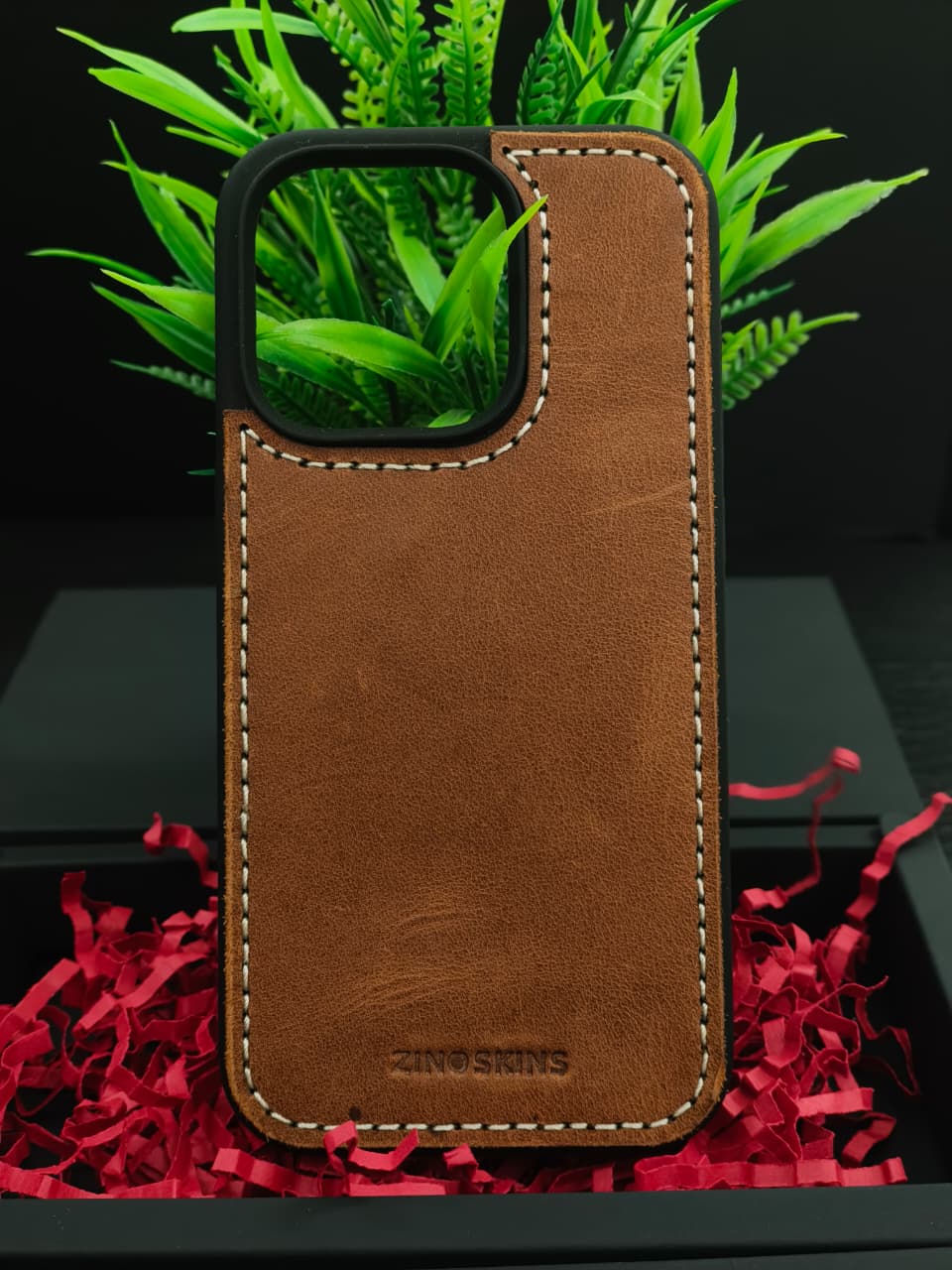 Premium Leather Case for iPhone 15 Back Cover Brown Leather With Ivory Thread by Zinoskins