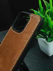 Premium Leather Case for iPhone 16 Plus Back Cover Brown Leather With Ivory Thread by Zinoskins