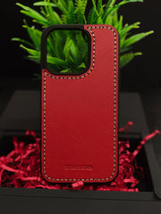 Premium Leather Case for iPhone 15 Back Cover Red Leather With Ivory Thread by Zinoskins