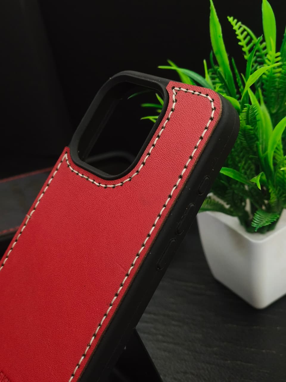 Premium Leather Case for iPhone 15 Pro Max Back Cover Red Leather With Ivory Thread by Zinoskins