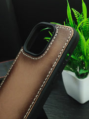 Premium Leather Case for iPhone 16 Pro Max Back Cover Stone Grey Edge Tone Leather With Ivory Thread by Zinoskins