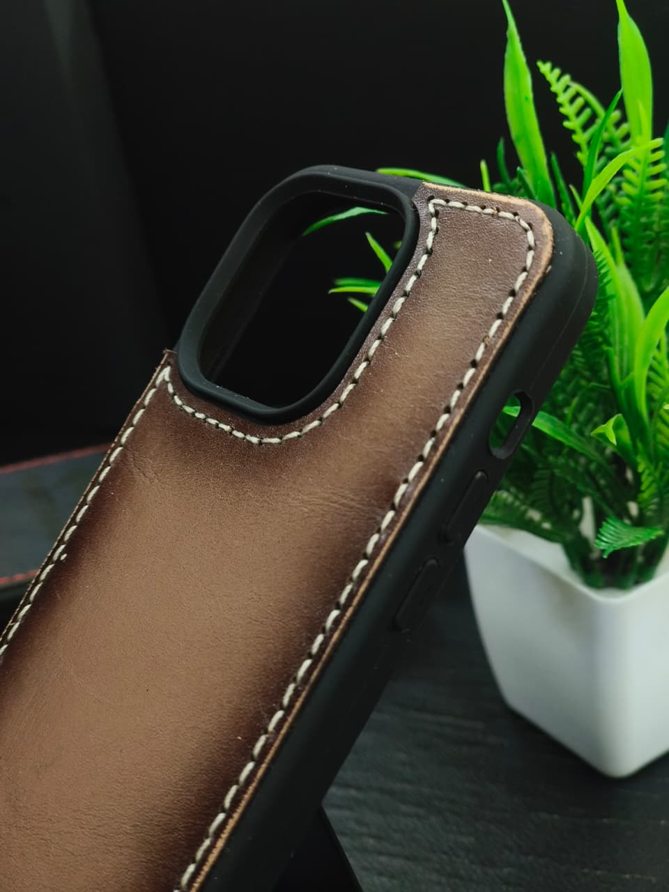 Premium Leather Case for iPhone 11 Back Cover Stone Grey Edge Tone Leather With Ivory Thread by Zinoskins