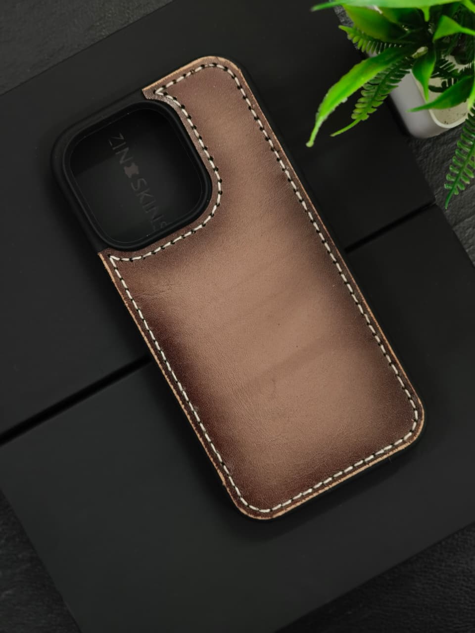 Premium Leather Case for iPhone 11 Back Cover Stone Grey Edge Tone Leather With Ivory Thread by Zinoskins