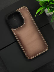 Premium Leather Case for iPhone 15 Pro Back Cover Stone Grey Edge Tone Leather With Ivory Thread by Zinoskins