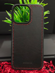 Premium Leather Case for iPhone 16 Pro Back Cover Black With Red Thread Solid Color by Zinoskins